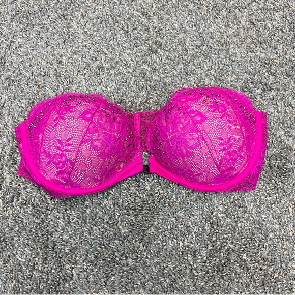 Victoria's Secret Other - Victoria’s Secret bra 36C hot pink lace strapless padded push up nonslip sexy